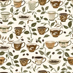 An elegant seamless pattern showcasing an assortment of coffee cups and mugs, intricately intertwined with coffee plants and beans for a repeating design