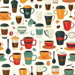 A colorful seamless pattern showcasing an assortment of coffee shop items such as espresso cups, saucers, and to-go mugs, artistically arranged for a repeating design