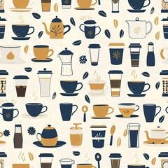 Fototapeta premium A sophisticated seamless pattern with an array of coffee shop essentials like coffee cups, mugs, and latte art, intricately arranged for a cohesive design