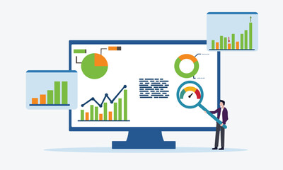 People analyse data online and prepare graph reports on a computer dashboard. Finance report graph data analytics concepts. Flat vector illustration.