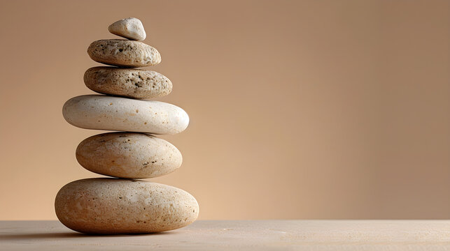 Stone zen concept with balanced rock stacks conveying tranquility and harmony. Ideal for meditation, mental equilibrium, and serenity