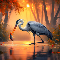 A heron bird has a fish in its mouth in the water at sunset,Heron with Fish at Sunset.
