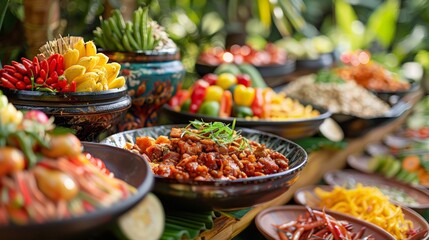 Fototapeta premium Culinary Delights: Capture a vibrant array of culinary delights, including colorful fruits, gourmet dishes, and exotic spices