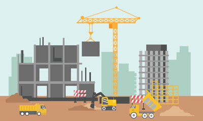 Heavy construction machines are working at the site. Landscape of building process with crane, bulldozer, excavator and concrete mixer machine. Flat vector illustration.