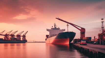 Serene view of a cargo ship at dawn, with a soft gradient sky and gentle morning light