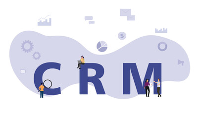 Poster of CRM, customer relationship management concept. Businessman perform data analysis. Flat cartoon style Vector illustration.