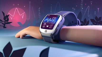 A smartwatch with health tracking features displaying heart rate and sleeping data on the screen in a cartoon style. The 3D rendered background is a digital landscape with abstract elements 
