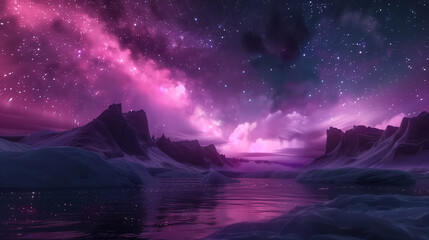 Fototapeta premium Enchanting Pink Purple Night Sky with Aurora and Milky Way, Glowing Colors and Lighting Effects, Epic Fantasy Landscape.