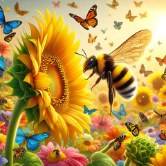 At dawn a bumblebee is also sitting on a sunflower flower and other butterflies are flying over the flowers.
