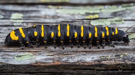 A black caterpillar with yellow stripes crawling on a weathered wooden surface is displayed in the uploaded image clearly showcasing its segmented body and the prominent color contrast