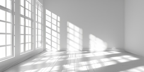 Fototapeta premium Present a white, unfurnished room bathed in natural light, with the sun casting intricate shadow patterns from a window frame onto the floor.
