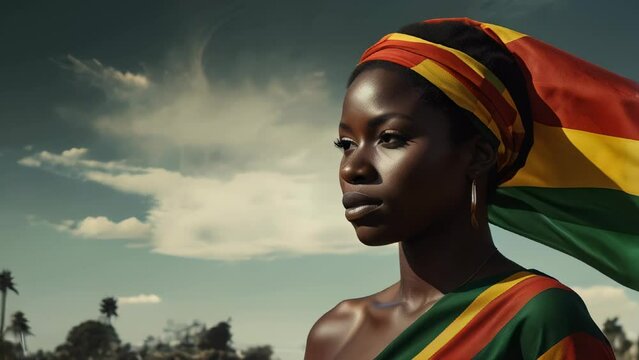 Close-up of Woman Black Ethnic with African Flag on The Backdrop with Copy Space Area. Suitable for Juneteenth Freedom Day, Black History Month etc.
