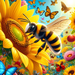 A beautiful bumblebee is also on a sunflower flower and how many butterfly are flying over it.