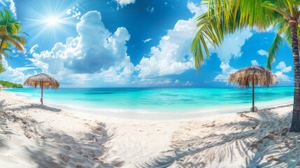 Fototapeta premium Panorama beautiful beach with white sand, turquoise ocean and blue sky with clouds on Sunny day. Summer tropical landscape with