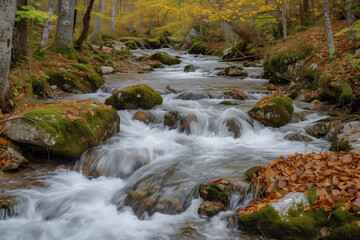 White water mountain stream with rocks, moss, leaves, and trees


