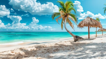 Obraz premium Panorama beautiful beach with white sand, turquoise ocean and blue sky with clouds on Sunny day.