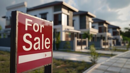 For Sale sign text symbol written in front of house real estate sales. House mortgage promotion banner background concept