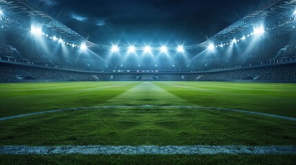 A sports stadium illuminated by white floodlights, with an empty grass field, serves as the backdrop for promoting football. This represents the professional sports background concept