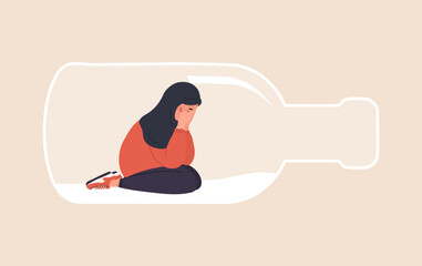 Alcoholism concept. Depressed arabian Woman sitting on bottom of bottle. Girl with Pernicious Habits Addiction and Substance Abuse. Vector illustration in flat cartoon style.