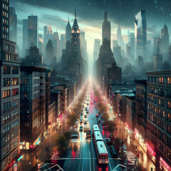 Stunning Night City cape Post Rain with Glowing Lights,Rain City View with Illuminated Streets.