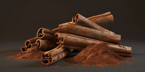 Cinnamon sticks and cinnamon powder on wood
