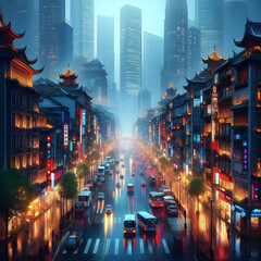 A very beautiful view of a city after rain at night with  lights burning,Rain Soaked City cape Under the Night Sky.