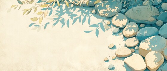 Obraz premium Sage Twig and Pebble Rocks on Sand - Serene Botanical Background