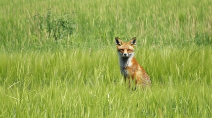 Naklejka premium A red fox sitting proudly in the vibrant green grass field