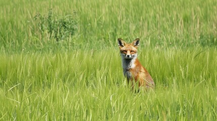A red fox sitting proudly in the vibrant green grass field