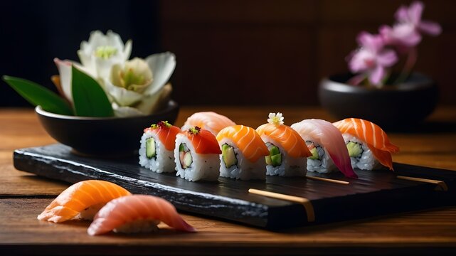 Exquisite Sushi Platter Featuring a Selection of Premium Fish and Delicate Garnishes, Perfect for Gourmet Japanese Cuisine Images, Luxurious Assorted Sushi Platter Highlighting Diverse Sashimi and Rol