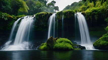 Fototapeta premium Stunning Waterfall Oasis Encased in Vibrant Green Foliage, Ideal for Tranquil Nature Backgrounds,