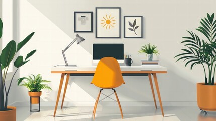 Minimalist Workspace: Illustrate a minimalist workspace setup with sleek furniture, a laptop, and stylish deco