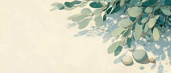 Sage Twig and Pebble Rocks on Sand - Serene Botanical Background