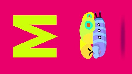 M letter big vertical color like moth cartoon animation. Animal loop. Educational serie with bold style character for children. Good for education movies, presentation, learning alphabet, etc...