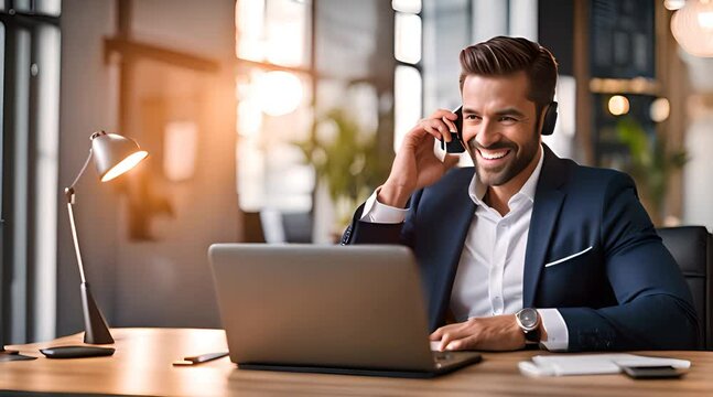 Smiling professional manager excelling in online project management and client consultations