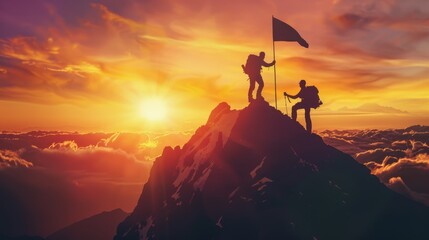 Silhouettes of two hikers assisting each other with a flag as they reach the top of the mountain, set against a sunset scenery. This represents the background concept of reaching goals