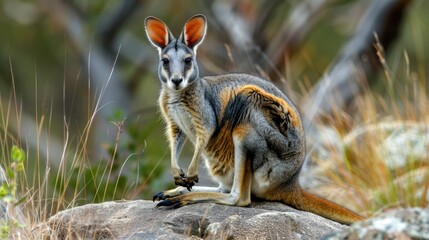 Brightly colored Yellow footed Rock wallaby with distinct white cheek stripe and orange ears displaying fawn grey fur on the upper body along with white side stripe and brown and white hip 