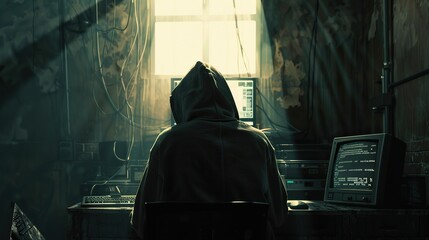 Dive into the clandestine world of hacking with an anonymous figure, back turned, donning a hoodie, immersed in decoding complex lines of code on a commanding monitor. Captured with a wide-angle lens 