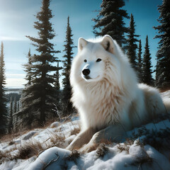 A beautiful white wolf sits on a snowy mountain with green tall trees in the jungle standing behind it.