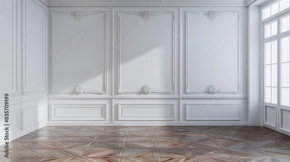 Wall mural An elegant modern classic interior featuring white wall panels adorned with molding and a polished wooden floor background