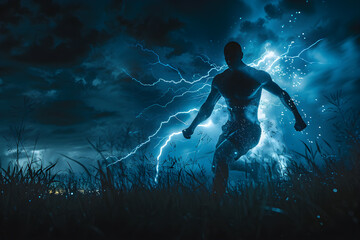 A silhouette of a strong athlete with lightning flashes, exuding energy and power. Suitable for sports competitions and fitness motivation.