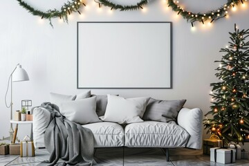 Christmas Living Room with Decorated Tree and Blank Frame Mockup