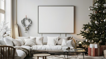 Christmas Living Room with Decorated Tree and Blank Frame Mockup
