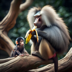 A Canopy king monkey is sitting on a dry tree eating a banana with his baby sitting next to him.