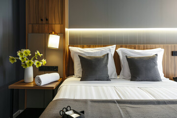 Minimalist motel room interiors with stylish details.