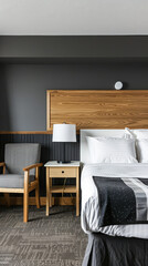 Minimalist motel room interiors with stylish details.