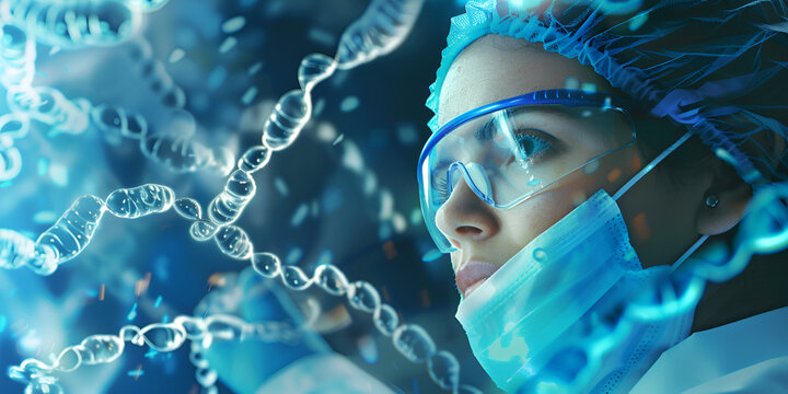 "Genetic Researcher Examining DNA Sequences in a High-Tech Laboratory Environment | Scientist in Protective Gear Analyzing Genetic Data Amid Floating DNA Strands"
