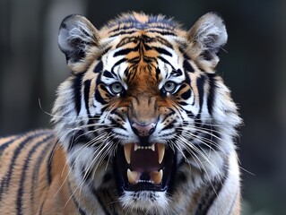 Fototapeta premium Siberian Tiger Face Fearsome Fangs and Intense Focus