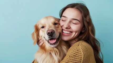 Young smiling happy cheerful owner woman with her best friend retriever wear casual clothes cuddle hug dog close eyes isolated on plain pastel light blue background studio
