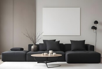 Frame mockup, ISO A paper size. Living room poster mockup. Modern interior design. Living room Interior mockup with house background. 3D render